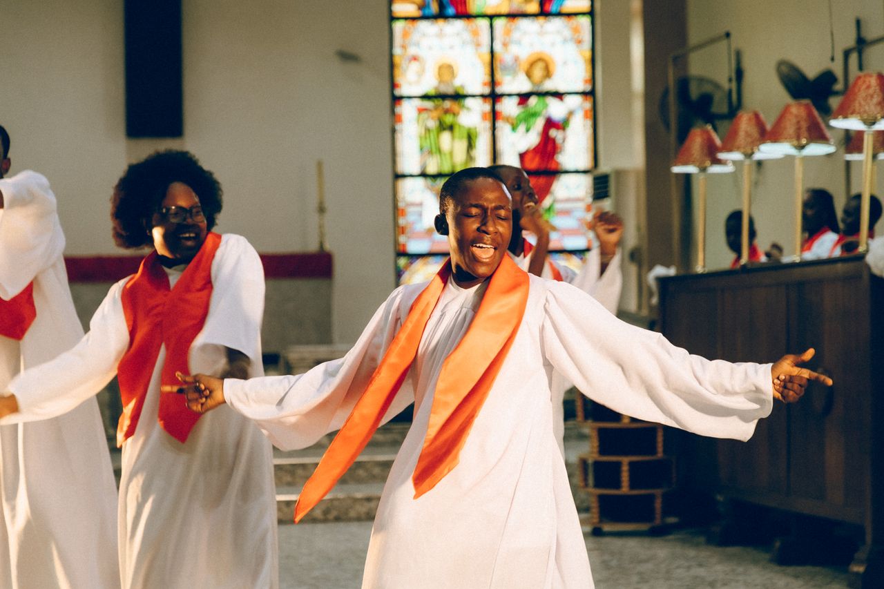 Church choir singing with passion
